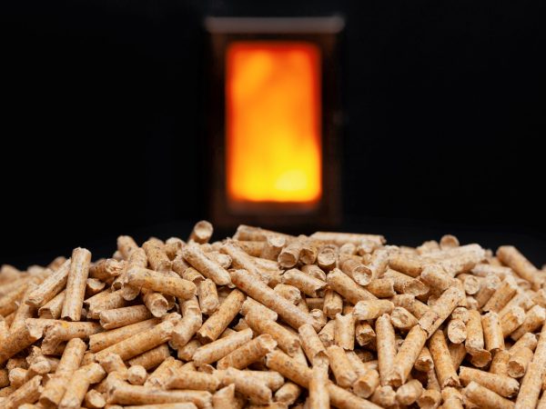 Wood pellets with combustion chamber in the background.